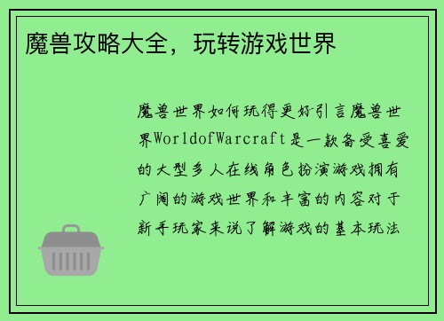 魔兽攻略大全，玩转游戏世界